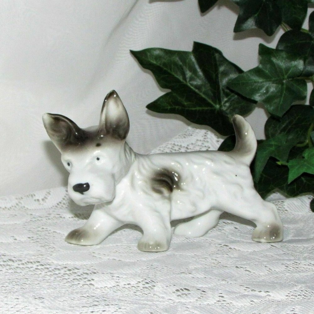 Vintage Dog Figurine Grey White Porcelain Puppy Japan Pets Cottagecore